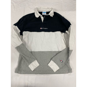Champion Colorblock Rugby Polo Shirt Mens Medium Black White Grey Long Sleeve